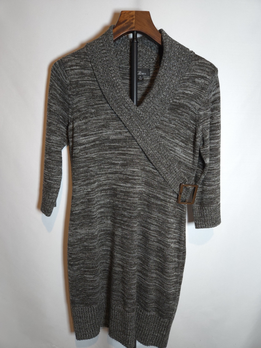 AGB Faux Wrap Sweater Dress Marled Knit Buckle Accent Gray Black M